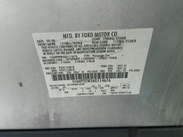 1FAHP2EW3AG114676 - 2010 FORD TAURUS SEL SILVER photo 10