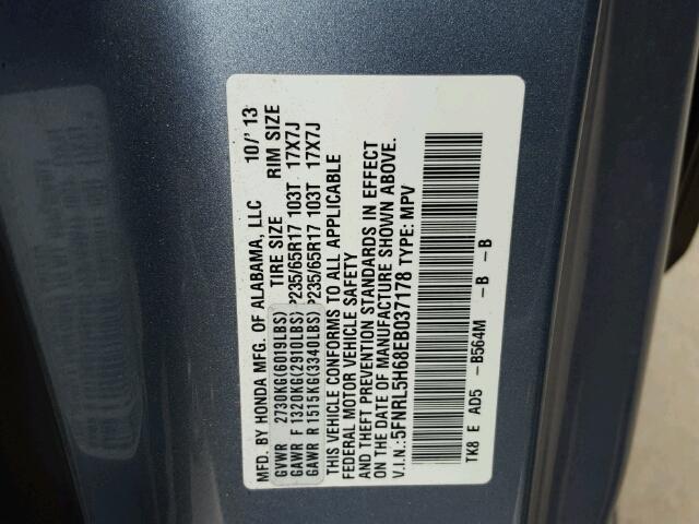 5FNRL5H68EB037178 - 2014 HONDA ODYSSEY EX BLUE photo 10