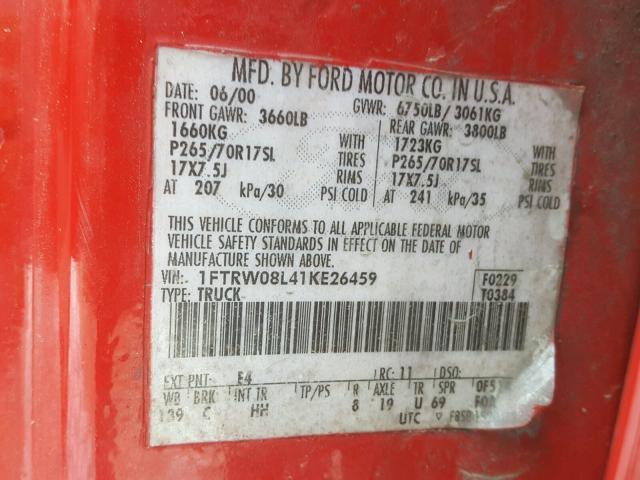 1FTRW08L41KE26459 - 2001 FORD F150 SUPER RED photo 10