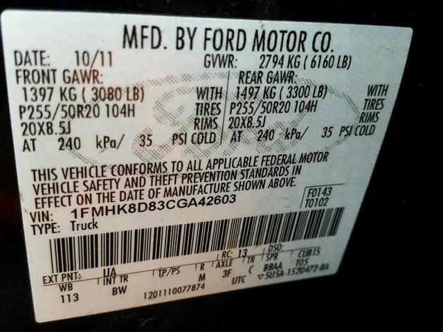 1FMHK8D83CGA42603 - 2012 FORD EXPLORER X BLACK photo 10