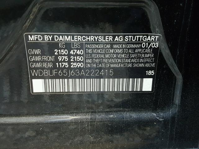 WDBUF65J63A222415 - 2003 MERCEDES-BENZ E 320 BLACK photo 10