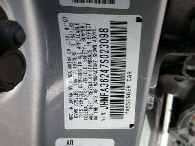 JHMFA36247S023098 - 2007 HONDA CIVIC HYBR SILVER photo 10