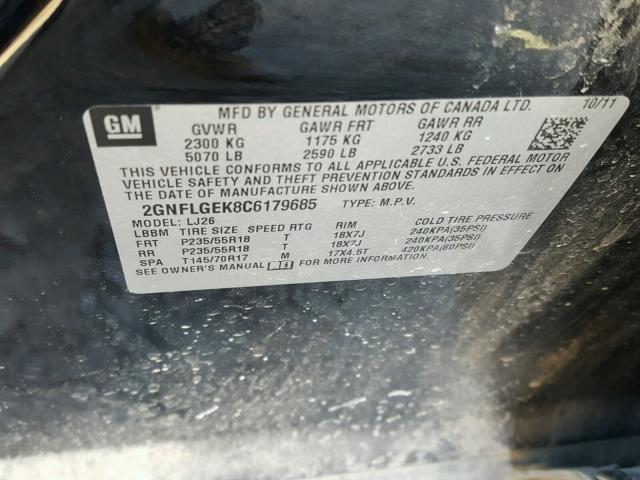 2GNFLGEK8C6179685 - 2012 CHEVROLET EQUINOX LT BLACK photo 10