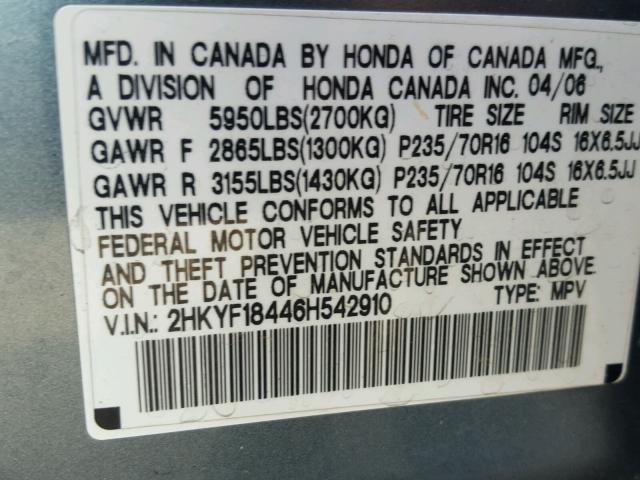 2HKYF18446H542910 - 2006 HONDA PILOT EX BLUE photo 10