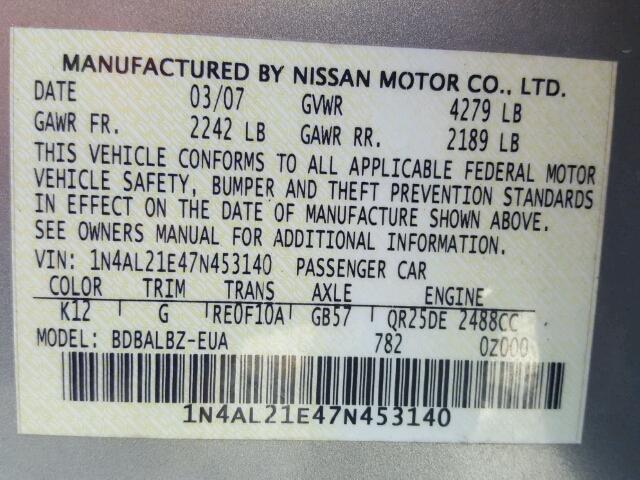 1N4AL21E47N453140 - 2007 NISSAN ALTIMA 2.5 SILVER photo 10