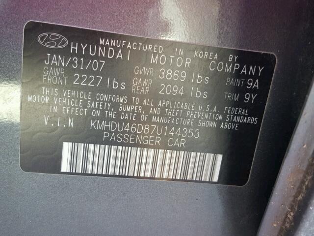 KMHDU46D87U144353 - 2007 HYUNDAI ELANTRA GL GRAY photo 10