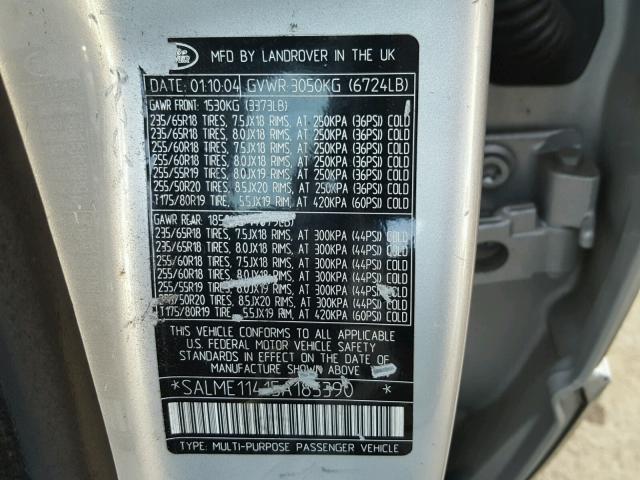 SALME11415A185390 - 2005 LAND ROVER RANGE ROVE SILVER photo 10