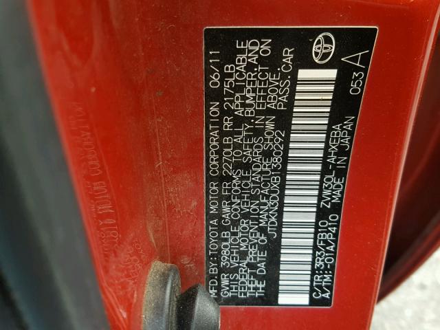 JTDKN3DUXB1380292 - 2011 TOYOTA PRIUS RED photo 10