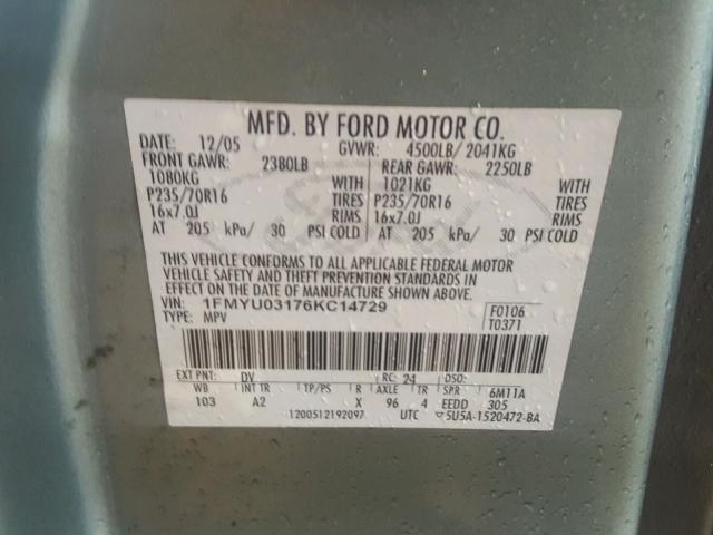 1FMYU03176KC14729 - 2006 FORD ESCAPE XLT GRAY photo 10