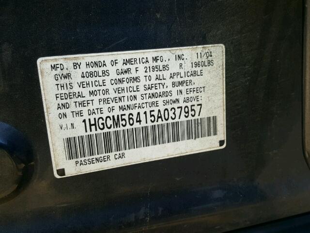 1HGCM56415A037957 - 2005 HONDA ACCORD LX GRAY photo 10