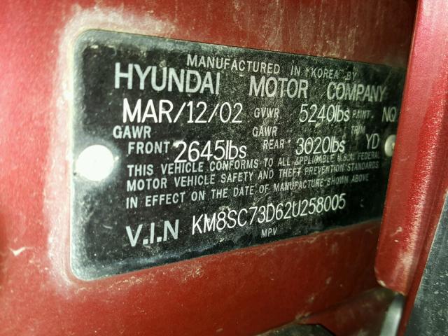 KM8SC73D62U258005 - 2002 HYUNDAI SANTA FE G RED photo 10