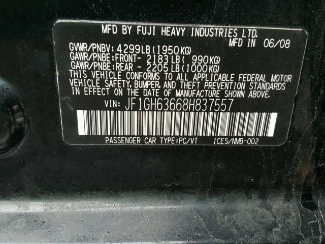 JF1GH63668H837557 - 2008 SUBARU IMPREZA OU BLACK photo 10