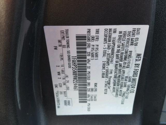 1FAHP35N89W224461 - 2009 FORD FOCUS SE GRAY photo 10