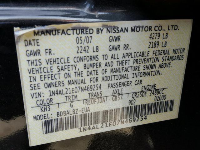 1N4AL21E07N469254 - 2007 NISSAN ALTIMA 2.5 BLACK photo 10