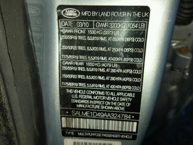 SALME1D49AA324784 - 2010 LAND ROVER RANGE ROVE SILVER photo 10