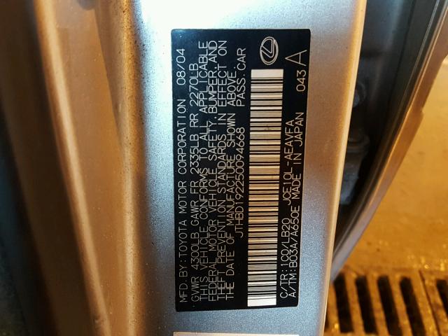 JTHBD192250094668 - 2005 LEXUS IS 300 SILVER photo 10