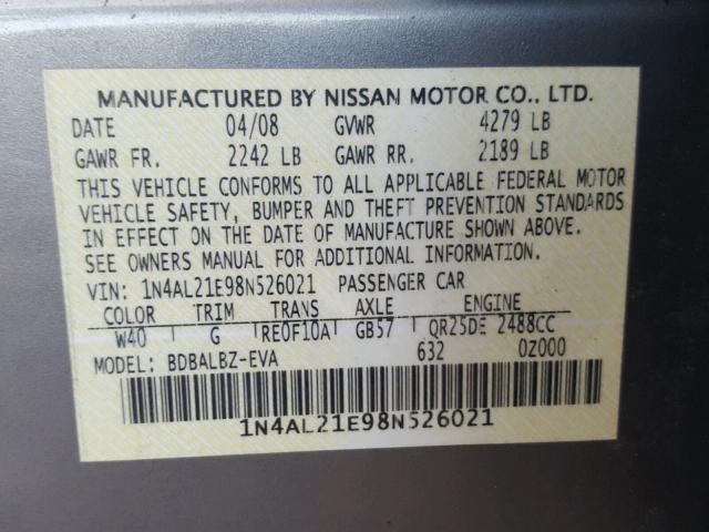 1N4AL21E98N526021 - 2008 NISSAN ALTIMA 2.5 SILVER photo 10