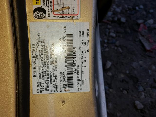 3FAHP07Z27R135421 - 2007 FORD FUSION SE GOLD photo 10