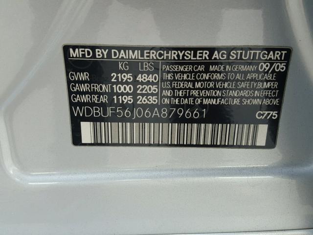 WDBUF56J06A879661 - 2006 MERCEDES-BENZ E 350 SILVER photo 10