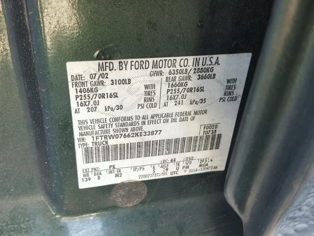 1FTRW07662KE33877 - 2002 FORD F150 SUPER GREEN photo 10