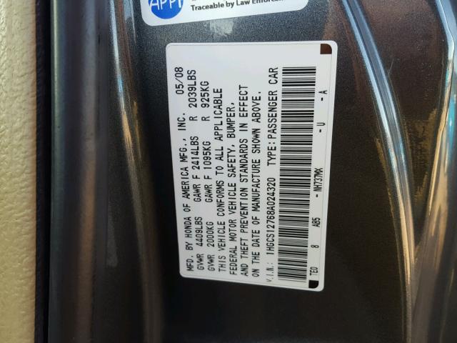 1HGCS12768A024320 - 2008 HONDA ACCORD EX GRAY photo 10