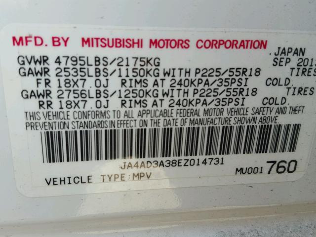 JA4AD3A38EZ014731 - 2014 MITSUBISHI OUTLANDER WHITE photo 10