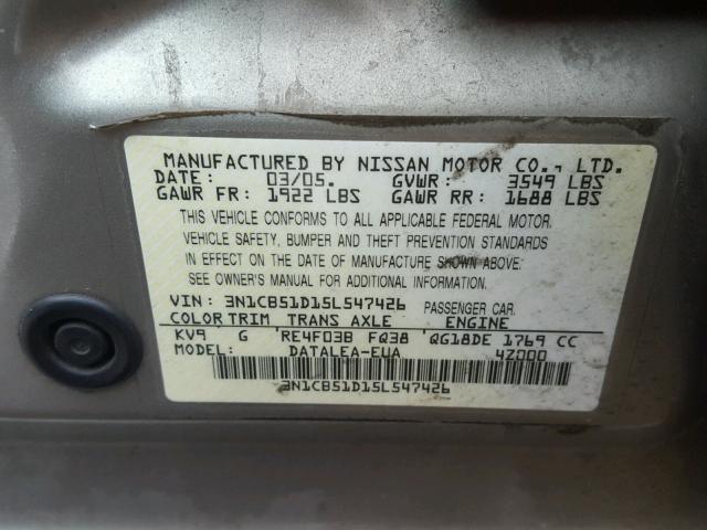 3N1CB51D15L547426 - 2005 NISSAN SENTRA 1.8 GOLD photo 10