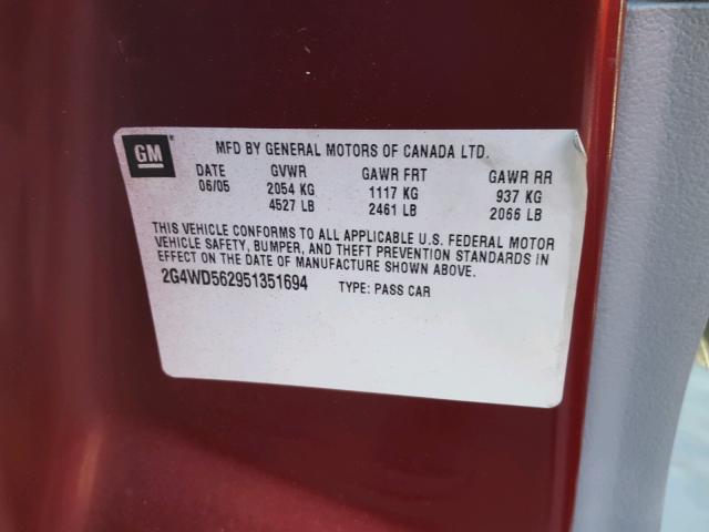 2G4WD562951351694 - 2005 BUICK LACROSSE C BURGUNDY photo 10