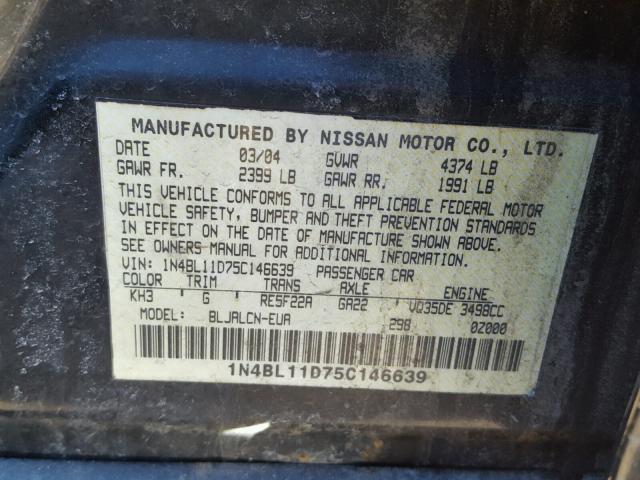 1N4BL11D75C146639 - 2005 NISSAN ALTIMA SE BLACK photo 10