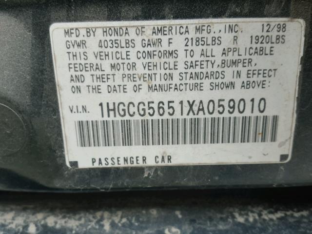 1HGCG5651XA059010 - 1999 HONDA ACCORD EX GREEN photo 10