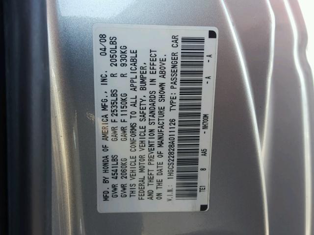 1HGCS22828A011126 - 2008 HONDA ACCORD EXL SILVER photo 10