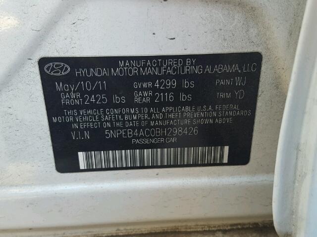 5NPEB4AC0BH298426 - 2011 HYUNDAI SONATA GLS WHITE photo 10