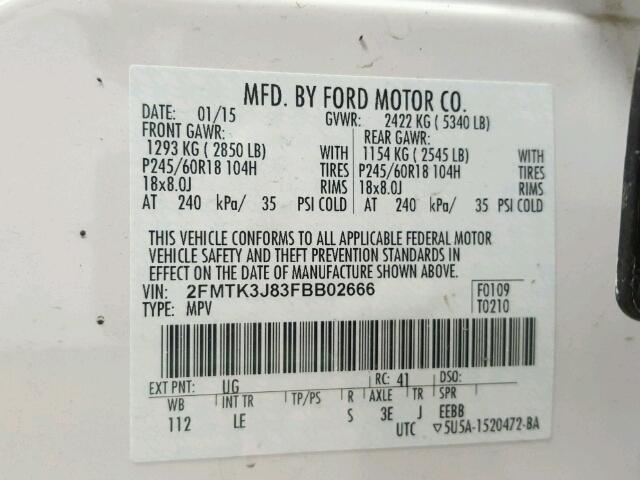 2FMTK3J83FBB02666 - 2015 FORD EDGE SEL WHITE photo 10