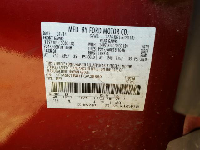 1FM5K7B81FGA38859 - 2015 FORD EXPLORER RED photo 10