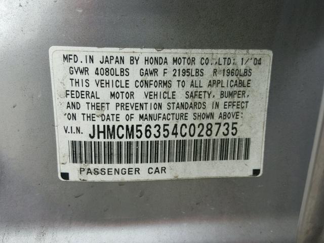 JHMCM56354C028735 - 2004 HONDA ACCORD LX SILVER photo 10