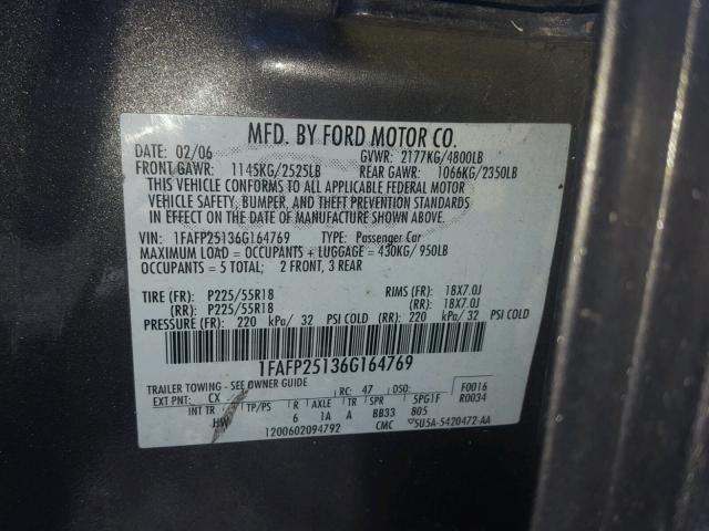 1FAFP25136G164769 - 2006 FORD FIVE HUNDR GRAY photo 10