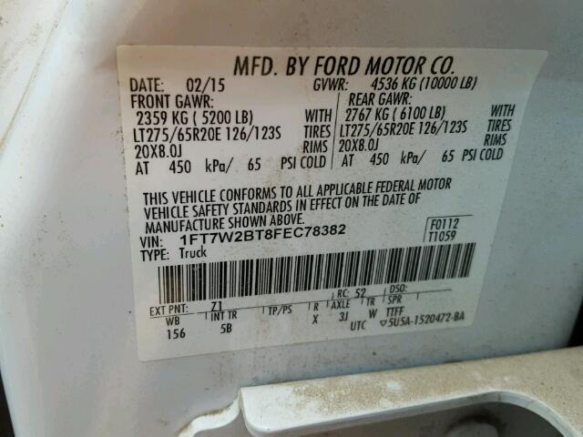 1FT7W2BT8FEC78382 - 2015 FORD F250 SUPER WHITE photo 10