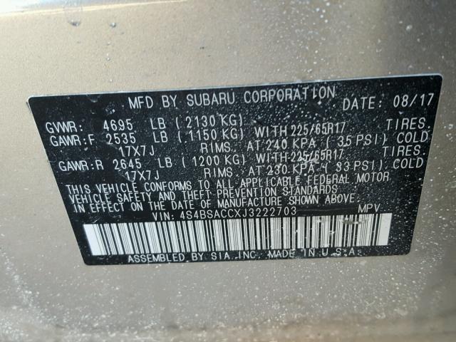 4S4BSACCXJ3222703 - 2018 SUBARU OUTBACK 2. SILVER photo 10