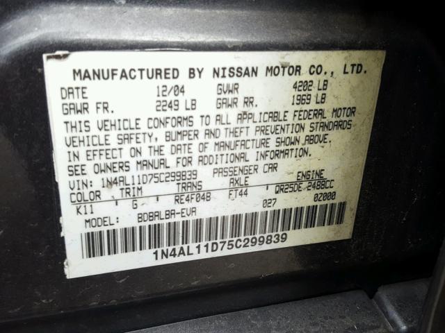 1N4AL11D75C299839 - 2005 NISSAN ALTIMA S GRAY photo 10