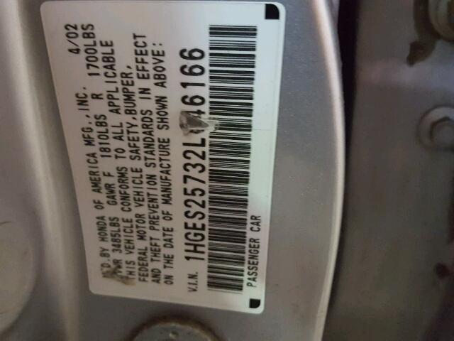 1HGES25732L046166 - 2002 HONDA CIVIC EX SILVER photo 10