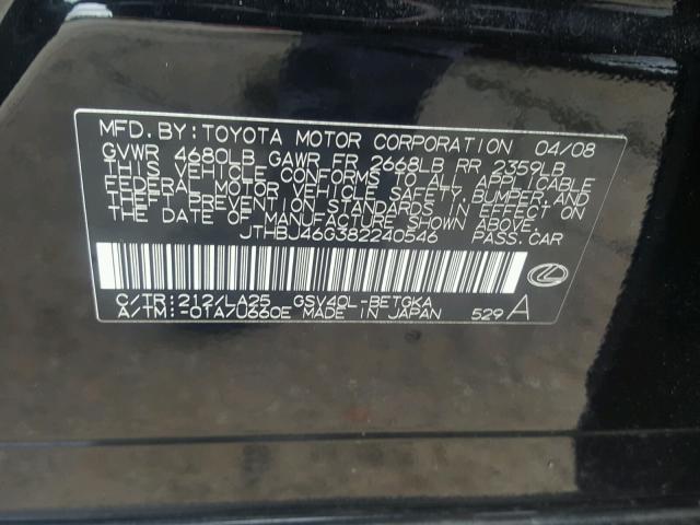 JTHBJ46G382240546 - 2008 LEXUS ES 350 BLACK photo 10