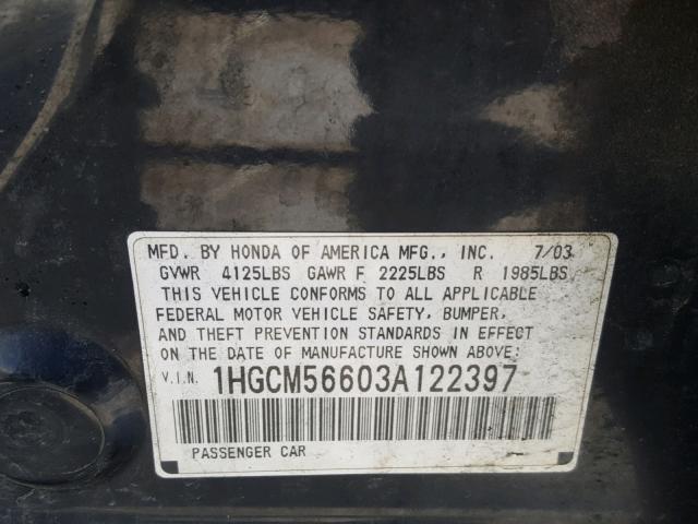 1HGCM56603A122397 - 2003 HONDA ACCORD EX BLACK photo 10