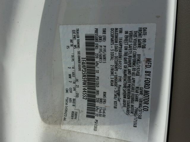 1FAHP35N59W144552 - 2009 FORD FOCUS SE WHITE photo 10