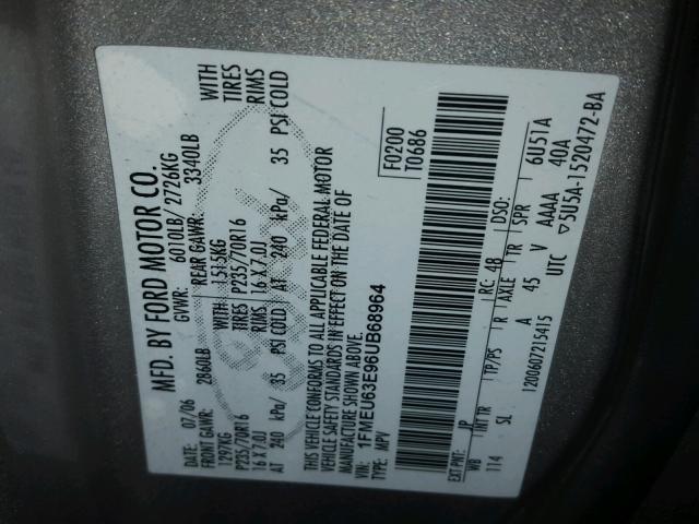 1FMEU63E96UB68964 - 2006 FORD EXPLORER X SILVER photo 10