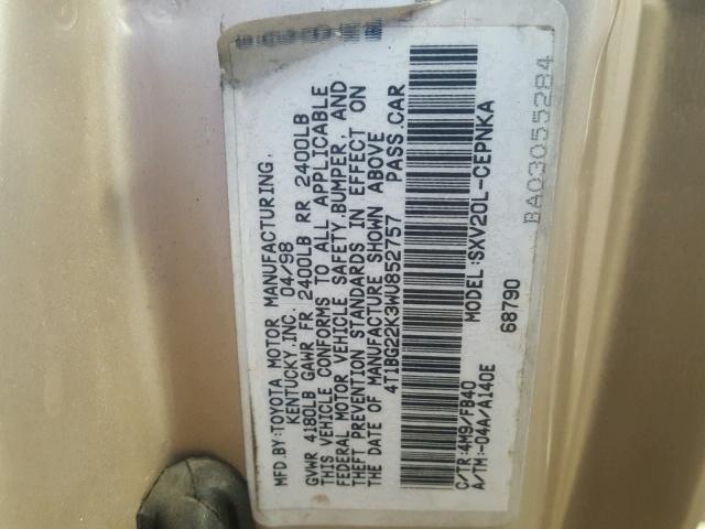 4T1BG22K3WU852757 - 1998 TOYOTA CAMRY CE BEIGE photo 10