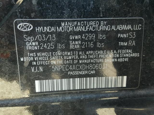 5NPEC4ACXDH806031 - 2013 HYUNDAI SONATA SE BLACK photo 10