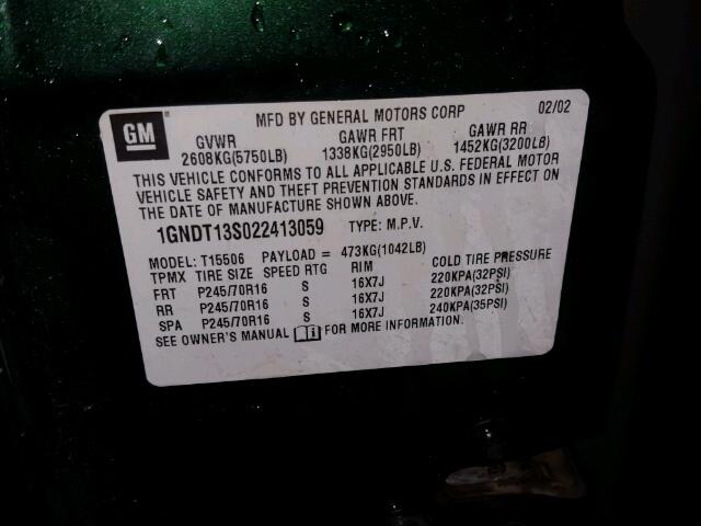 1GNDT13S022413059 - 2002 CHEVROLET TRAILBLAZE GREEN photo 10