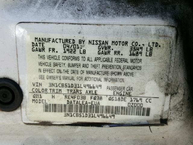 3N1CB51D31L496649 - 2001 NISSAN SENTRA XE WHITE photo 10