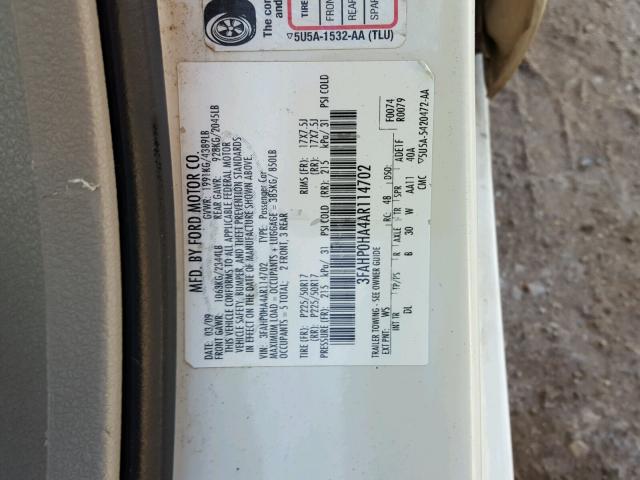 3FAHP0HA4AR114702 - 2010 FORD FUSION SE WHITE photo 10