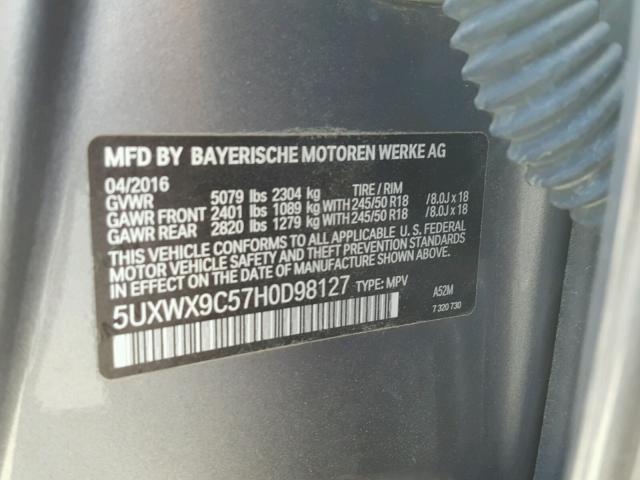 5UXWX9C57H0D98127 - 2017 BMW X3 XDRIVE2 GRAY photo 10